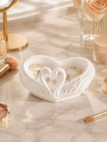 Heart-Shaped Double Swan Jewelry Tray, White Swan Shaped Storage Tray, Embossed Wing Design Jewelry Organizer, INS Style Pure White Desktop Organizer, Entryway Key Storage Tray, Vanity Earring Necklace Storage Rack, Romantic Wedding Decor Ornament, Jewelry Key Desktop Storage Box, Entryway Bedroom Decor Ornament - Multicolor - View 1