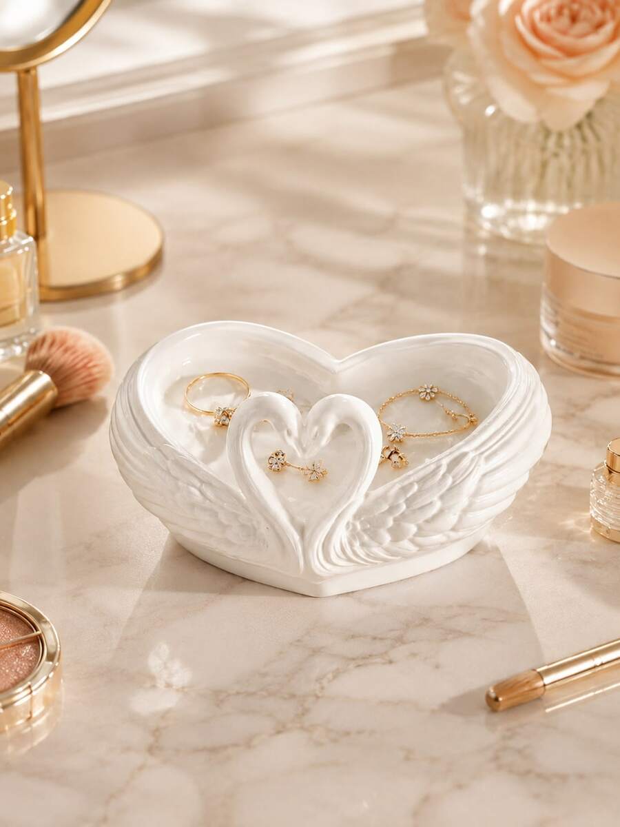 Heart-Shaped Double Swan Jewelry Tray, White Swan Shaped Storage Tray, Embossed Wing Design Jewelry Organizer, INS Style Pure White Desktop Organizer, Entryway Key Storage Tray, Vanity Earring Necklace Storage Rack, Romantic Wedding Decor Ornament, Jewelry Key Desktop Storage Box, Entryway Bedroom Decor Ornament - Multicolor - View 1