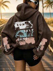 SAND Print Pattern Sweatshirt, Plus Size Women's Casual Autumn/Winter Hooded Sweatshirt Brown - Brown - View 1