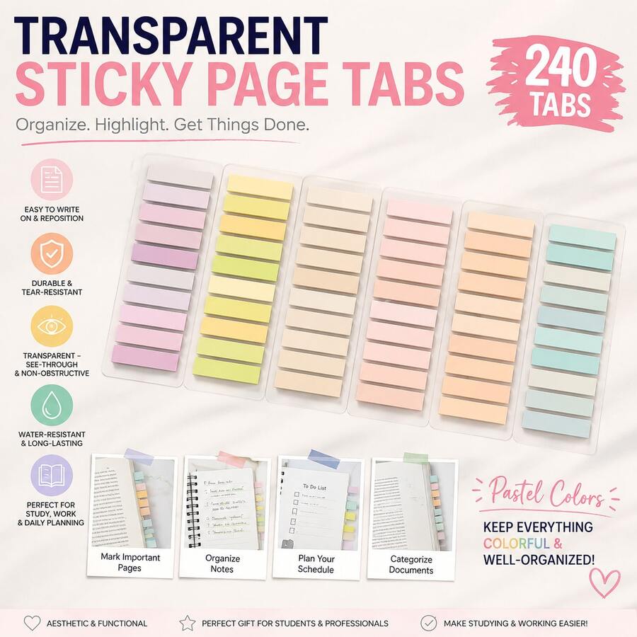 240 Buah Stiker Halaman Transparan Pastel 10 Warna, Stiker Indeks yang Dapat Ditulis dan Dipindahkan, Penanda Halaman Berwarna & Stiker Buku untuk Memberi Anotasi pada Buku, Buku Catatan, Perencana, Catatan Belajar, Dokumen, Perlengkapan Sekolah, Perguruan Tinggi, Kantor & Pengorganisasian Harian - Satu-Ukuran - View 1