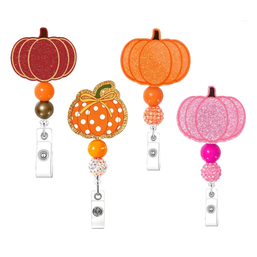 1pc Colorful Pumpkin Beaded Acrylic Retractable Rotating Medical Badge Reel ID Holder, Halloween Costumes For Women, Halloween - Multicolor - View 1