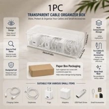 透明電纜收納盒，分格充電器收納盒，適用於充電線、耳機、插頭、手機配件，桌面與抽屜收納 - 白色 - 查看 12