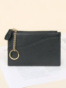 Women's Vintage Black Card Holder, Lychee PU Leather Wallet With Gold Keyring, Front Slots & Zipper Coin Pocket. Slim, Compact & Chic. Perfect Gift. - Black - View 3
