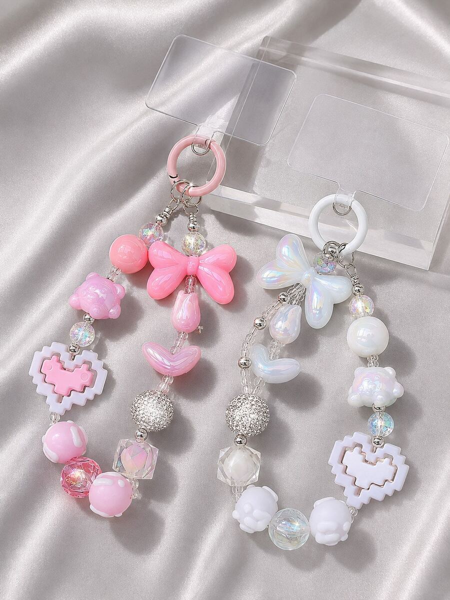 1pc Macaron Sweet Y2K Beaded Phone Wrist Strap, Bow Bear Pixel‑Heart Rhinestone Mixed Universal Phone Charm Lanyard Pendant For Phone Case Camera Key Handbag