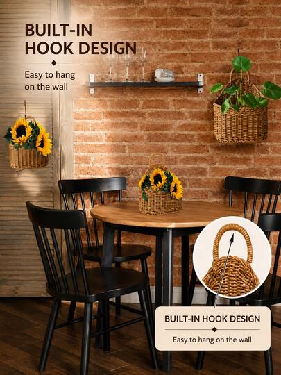 1pc Woven Rattan-Style Hanging Storage Basket With Handle, Wall-Mounted Organizer For Bathroom, Bedroom, Entryway & Office, Rustic Boho Wicker Basket For Toiletries, Accessories, Stationery & Home Decor,Room Decor,Back To School,Autumn Home Decor