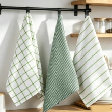 3/6pcs Green & White Mixed Color Kitchen Dish Cloths, Plaid & Vertical Stripe Mixed Design, Reusable Household Dish Towels, Suitable For Daily Home Kitchen Decor - Green - View 1