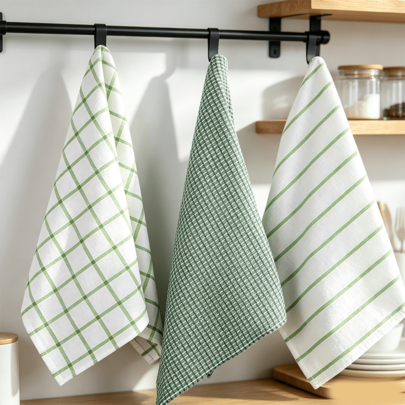 3/6 pièces Chiffons de cuisine vert & blanc de couleur mélangée, design à carreaux & rayures verticales mélangées, serviettes de vaisselle réutilisables pour la maison, convient pour la décoration de la cuisine quotidienne