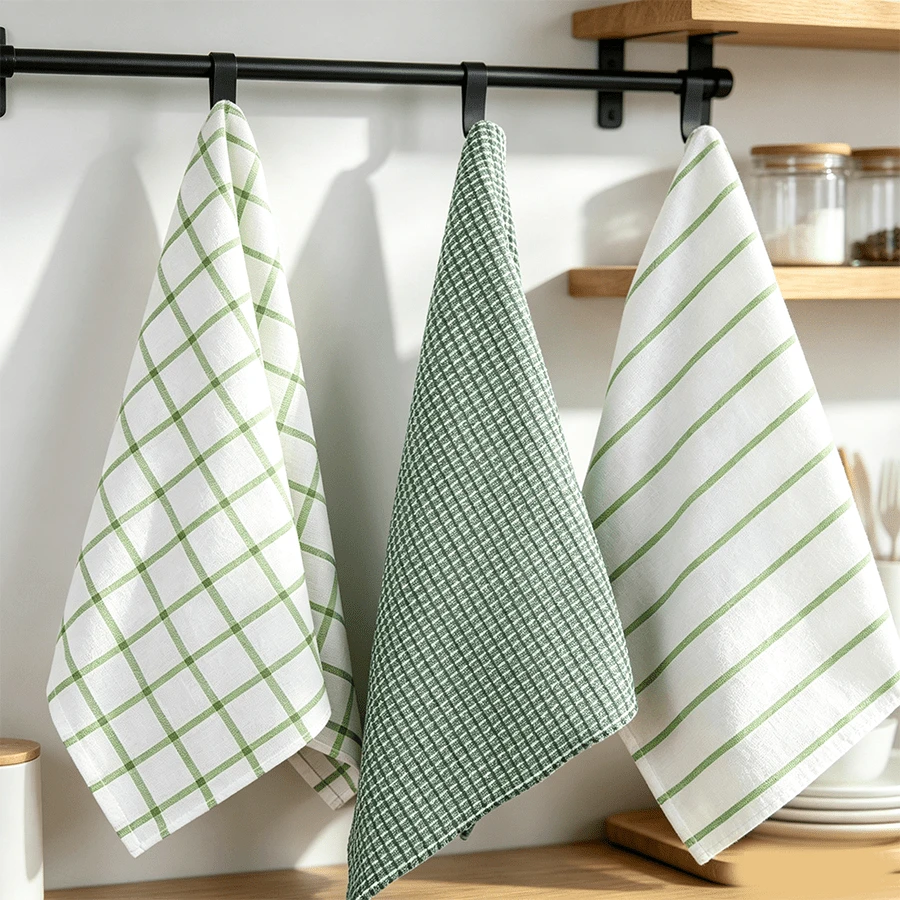 3/6pcs Green & White Mixed Color Kitchen Dish Cloths, Plaid & Vertical Stripe Mixed Design, Reusable Household Dish Towels, Suitable For Daily Home Kitchen Decor - Green - View 1