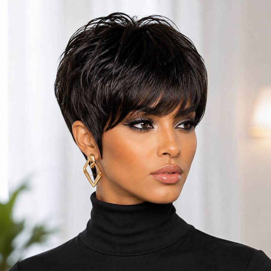 Wig Pendek Rambut Manusia Model Pixie Tanpa Lace Front 1B, 4#, 99J Rambut Manusia Brasil Kepadatan 150% Wig Pixie Rambut Manusia Wig Pendek Berlapis dengan Poni untuk Penggunaan Sehari-hari - MultiWarna - View 1