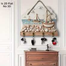 2D Flat Non-3D Nautical Sailboat Shell Wooden Key Hook Wall Decor, Coastal Beach Style Entryway Wall-Mounted Key Storage Rack, Room Decor, Living Room Decor, Home Decor, Nautical Mothers Day Gift, Beach House Entryway Mounted Key Hanger - Multicolor - View 2