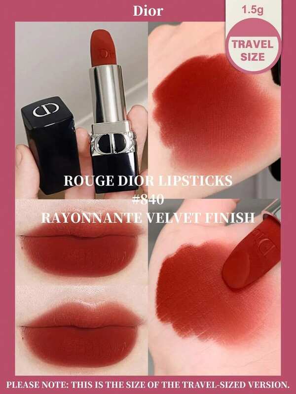 Dior [حجم السفر - 1.5 جرام] ديور روج ديور أحمر شفاه مخملي مطفي #840 - أحمر طوبي قرمزي | الحجم الكامل 3.5 جرام / حجم السفر 1.5 جرام | مطفي مرطب