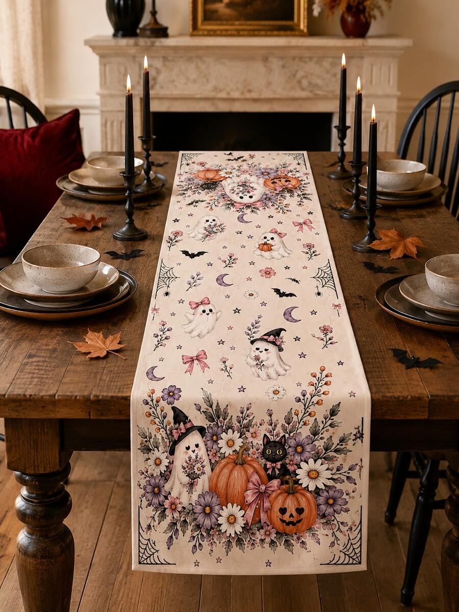1pc-Vintage Pastel Halloween Table Runner, Cute Ghost Witch Black Cat Pumpkin Lavender Purple Floral Spider Web Print Table Runner, Dining Room Holiday Party Home Tabletop Decoration - Multicolor - View 1
