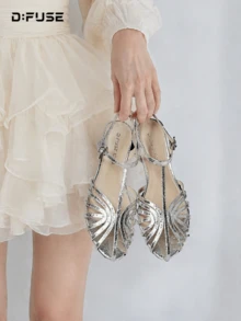 D:FUSE Women's Snake-Embossed Solid Color Knotted Open-Toe Multi-Strap Low-Heel Roman Sandals, Vintage Y2K Sweet Style, Comfortable For Dates, Parties, Weddings And Daily Wear, Silver Microfiber - Silver - View 7