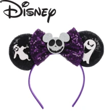 Disney Halloween Nightmare Before Christmas Minnie Ear Hair Hoop, Black Full‑Sequin Ears With White Ghost Felt Applique, Purple Glitter Sequin Bow Headband With Silver Glitter Skull Mickey Ornament, Spooky Halloween Cosplay Costume Accessory - Style 1 - View 7