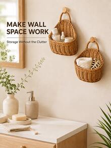 1pc Woven Rattan-Style Hanging Storage Basket With Handle, Wall-Mounted Organizer For Bathroom, Bedroom, Entryway & Office, Rustic Boho Wicker Basket For Toiletries, Accessories, Stationery & Home Decor,Room Decor,Back To School,Autumn Home Decor - Multicolor - View 3