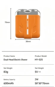 HYUNDAI Portable Mini Electric Shaver | Dual-Head Washable | Type-C Fast Charging Travel Hair Trimmer - Orange - View 5