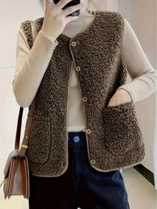 Women's Plus Size Corduroy Vest, Sleeveless, Round Neck, Brown, Regular Length, With Pockets And Buttons - Brown - View 3