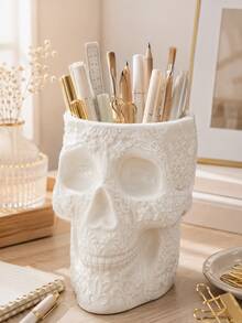 1pc/2pcs Gothic Floral Carved Skull Pen Holder, Large Capacity Desktop Pencil Organizer, Black White Multi‑Functional Makeup Brush Storage Pot, Skull Vase, Halloween Gothic Home Office Table Decor - Gothic Skull Pen Holder - View 13
