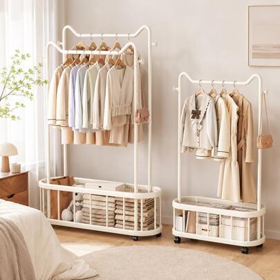 Black/White Rolling Garment Rack With Bottom Storage Basket & Side Hooks, Single/Double Rod Clothes Rack With Wheels For Bedroom, Closet, Dorm & Entryway