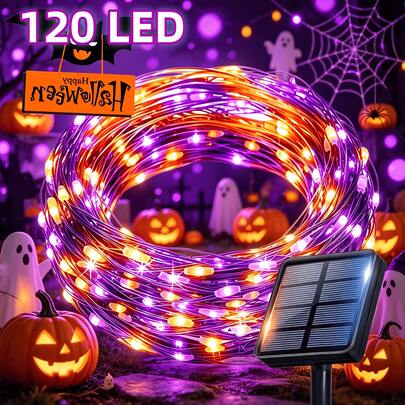 1pc Halloween/Christmas Solar String Lights, 12.0m Long, 120 LED Bulbs, 8 Lighting Modes, Suitable For Halloween And Christmas Decoration, Outdoor Lighting Activities