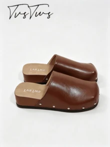 European Style Rivet Square Toe Wedge Mule Shoes, Solid Color Thick Sole Closed Toe Half-Slip Women's Outdoor Shoes - Brown - View 4