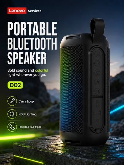 Altavoz inalámbrico portátil Bluetooth Lenovo D02 con iluminación RGB, asa de transporte, controles multifunción, soporte para tarjeta TF, AUX y USB