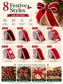 1pc Christmas Velvet Ribbon, Fuzzy Edge Wired Ribbon, 8 Festive Styles, 2m Per Roll, Snowflake Santa Reindeer Prints, Gift Wrapping Bow Making, Christmas Tree Wreath Garland Decor, Holiday Party Home Decoration - 2m/78.7in - View 8