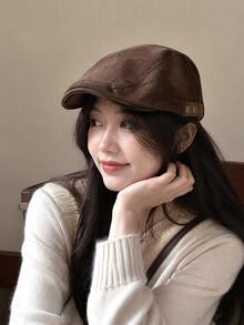1pc Women's Vintage Suede Newsboy Cap, British Style Flat Cap With Double Rivet Side Adjustable Buckle, Face-Slimming Casual Commuter Travel Hat For Spring, Autumn, Winter - A - View 7