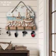 2D Flat Non-3D Nautical Sailboat Shell Wooden Key Hook Wall Decor, Coastal Beach Style Entryway Wall-Mounted Key Storage Rack, Room Decor, Living Room Decor, Home Decor, Nautical Mothers Day Gift, Beach House Entryway Mounted Key Hanger - Multicolor - View 3