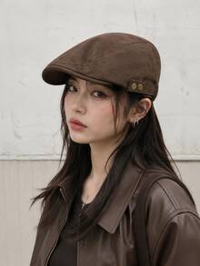 1pc Women's Vintage Suede Newsboy Cap, British Style Flat Cap With Double Rivet Side Adjustable Buckle, Face-Slimming Casual Commuter Travel Hat For Spring, Autumn, Winter - A - View 4