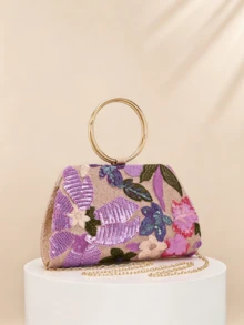 1件紫色花卉亮片刺繡晚宴包，配極簡金色大圓手柄，奢華婚宴禮服搭配可拆卸鍊條斜跨手拿包（隨機剪裁） - 紫色 - 查看 2