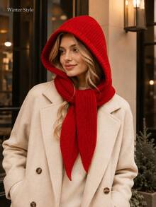 1pc Solid Color One-Piece Knitted Hooded Scarf, Fashionable Versatile Women's Knitted Hat, Warm And Cold-Proof, Suitable For Autumn/Winter, Large Head Circumference, Scarf Hat Set, Warm Ear Protection - A - View 1