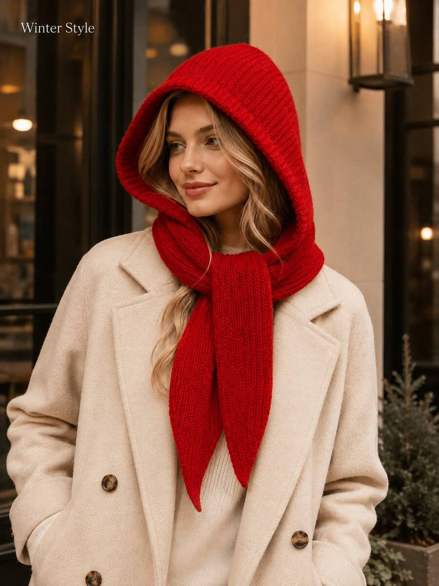 1pc Solid Color One-Piece Knitted Hooded Scarf, Fashionable Versatile Women's Knitted Hat, Warm And Cold-Proof, Suitable For Autumn/Winter, Large Head Circumference, Scarf Hat Set, Warm Ear Protection - A - View 1