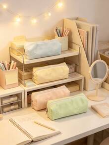Tempat Pensil Bordir Pita Warna Macaron Lembut, Tas Penyimpanan Alat Tulis Kapasitas Besar Warna Polos Sederhana Estetis Tinggi, Dilengkapi dengan Liontin & 2 Buku Catatan, Tempat Pensil Gaya Jepang Segar dan Feminin untuk Pelajar - Set - View 4
