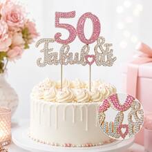 Pink Rhinestone 50 & Fabulous Cake Topper, Sparkling 50th Birthday Cake Decoration With Heart For Women, Party, Anniversary & Celebration - Style a - View 1