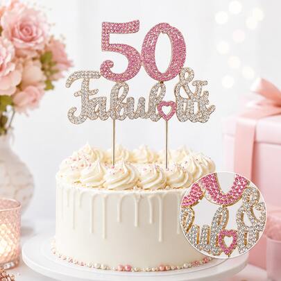 Pink Rhinestone 50 & Fabulous Cake Topper, Sparkling 50th Birthday Cake Decoration With Heart For Women, Party, Anniversary & Celebration