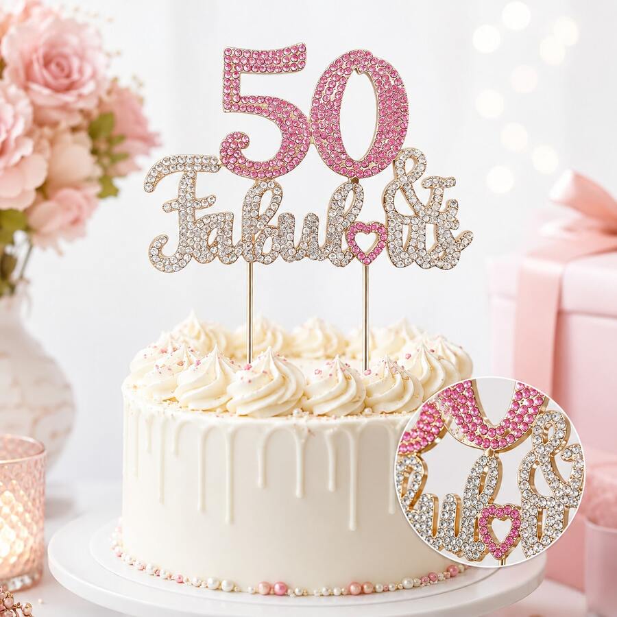 Pink Rhinestone 50 & Fabulous Cake Topper, Sparkling 50th Birthday Cake Decoration With Heart For Women, Party, Anniversary & Celebration - Style a - View 1