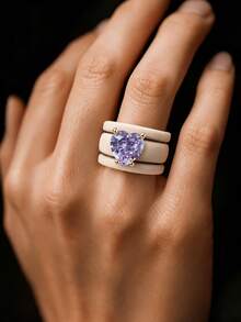 3PCS Stacked Card Color Silicone Ring Set, Cut Purple Love Zirconia, Suitable For Daily Wear, Best Friends, Couples, Weddings, Valentine's Day - Khaki-purple Heart - View 6