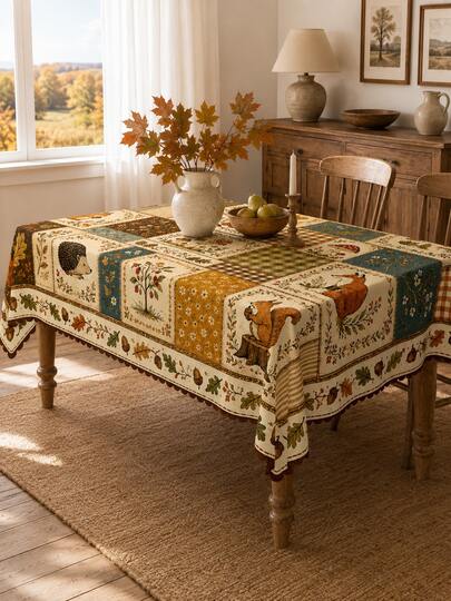 1pc Autumn Forest Animal Patchwork Print Tablecloth, Squirrel Hedgehog Acorn Maple Leaf Plaid Pattern Polyester Wavy Edge Dining Table Cover, Vintage Country Farmhouse Kitchen Restaurant Indoor Outdoor Decor, Suitable For Thanksgiving Harvest Season Gathering