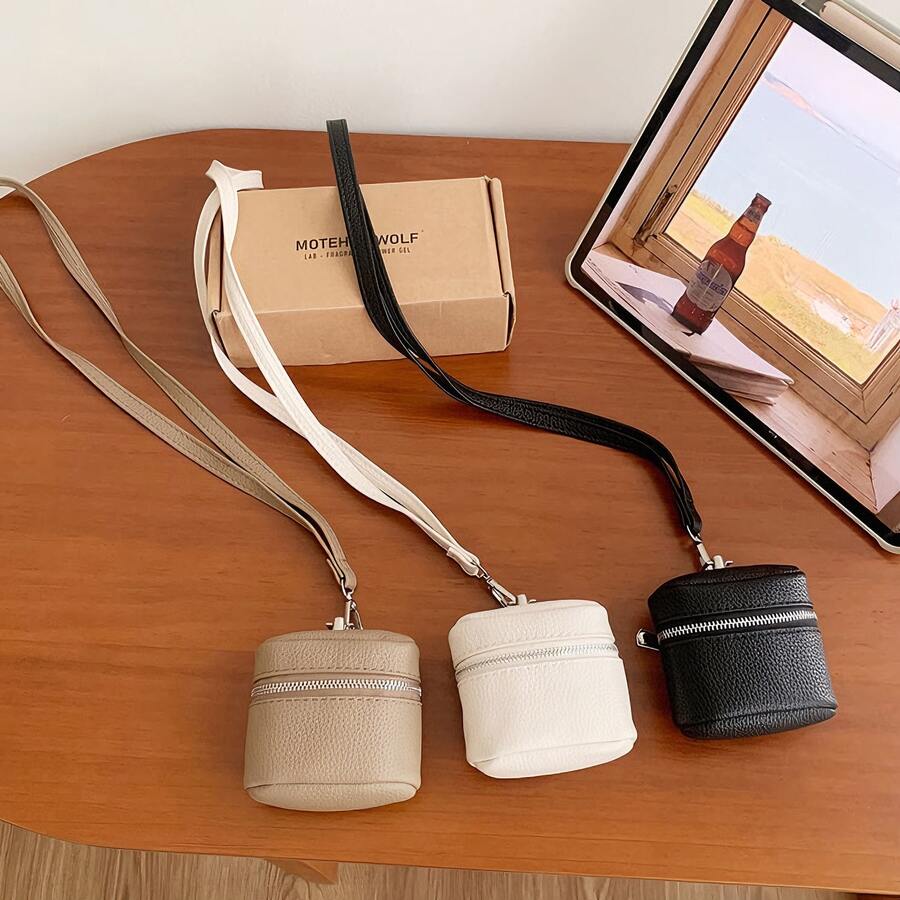 Women Small Neck Pouch, Litchi‑Grain PU Mini Cylinder Coin Purse, Portable Lipstick Earbud Storage Crossbody Bag