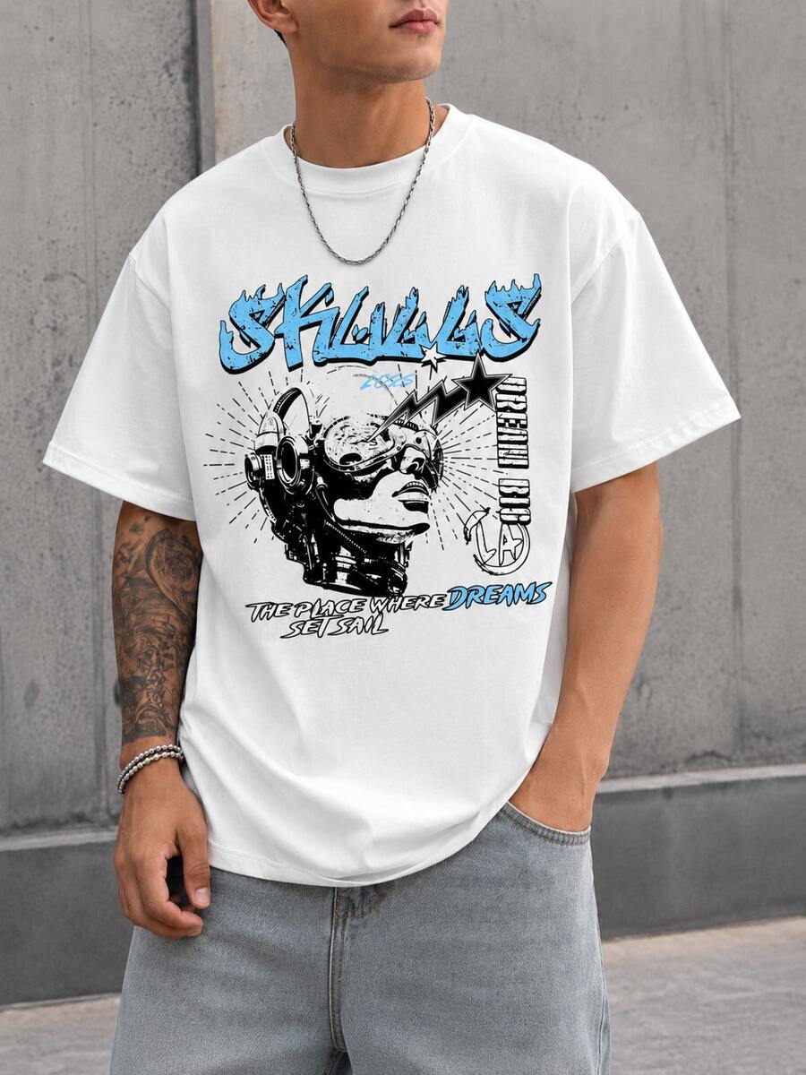 Graphic Tee Shirts Urban Figure And Letter Print Short Sleeve Top Loose Fit Cotton Streetwear Tee For Men Daily Casual Wear - White T-shirt - View 1