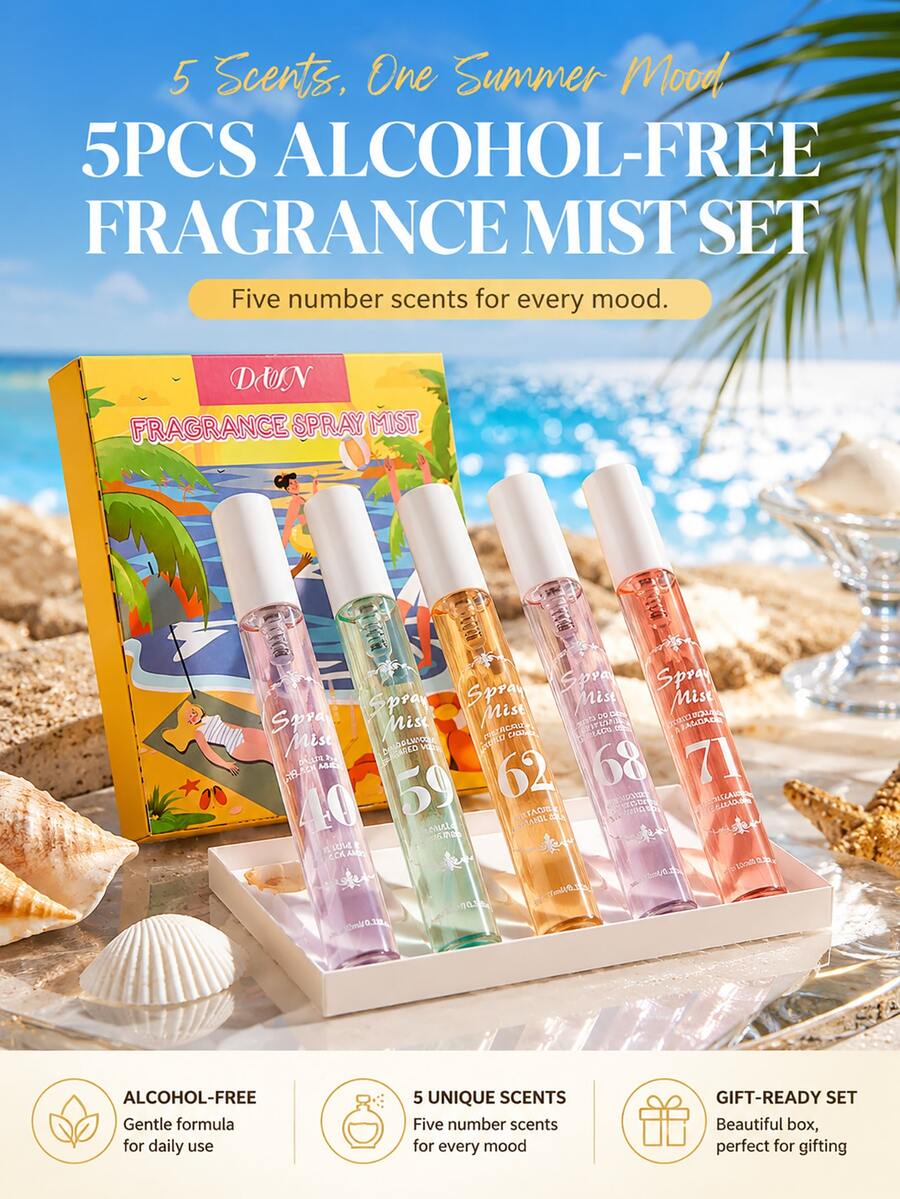 Conjunto de 5 Peças de Névoa de Fragrância para Cabelo e Corpo Sem Álcool, Spray Corporal Portátil de 10ml Tamanho de Viagem, Fragrância Feminina com Aroma Floral Frutado de Baunilha, Caixa de Presente - Multi Aromas - Visão 1