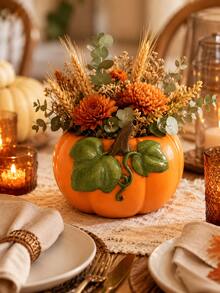 1pc Orange Pumpkin Planter, Fall Harvest Flower Pot With Green Leaf And Vine Details, Autumn Tabletop Centerpiece For Flowers Plants, Thanksgiving Dining Table Mantel Shelf Home Decor - New - View 9