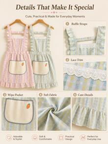 1pc Aesthetic Plaid Ruffle Apron, Essential Kitchen Apron, Cute Shoulder Strap Apron With Hand-Wipe Pocket, Suitable For Home Cooking And Baking - Multicolor - View 5