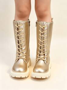 1 Pair Girls' Gold High-Top Boots, Lace-Up Side Zipper Thick Sole Riding Boots, Children's Fashion Performance Long Boots - Gold - View 2