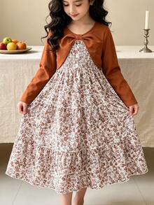 Left Mama Parte superior de manga larga y vestido con tirantes florales para niñas preadolescentes, primavera/otoño - Marrón - Ver 1