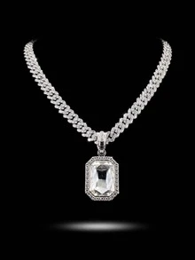 Rectangular Large Gemstone Pendant Full Diamond Cuban Necklace, Octagonal Main Stone Rhinestone Pendant, Hip Hop Ice Diamond Accessory, Unisex Rap Street Party Jewelry - Gemstone Pendant Necklace - View 1