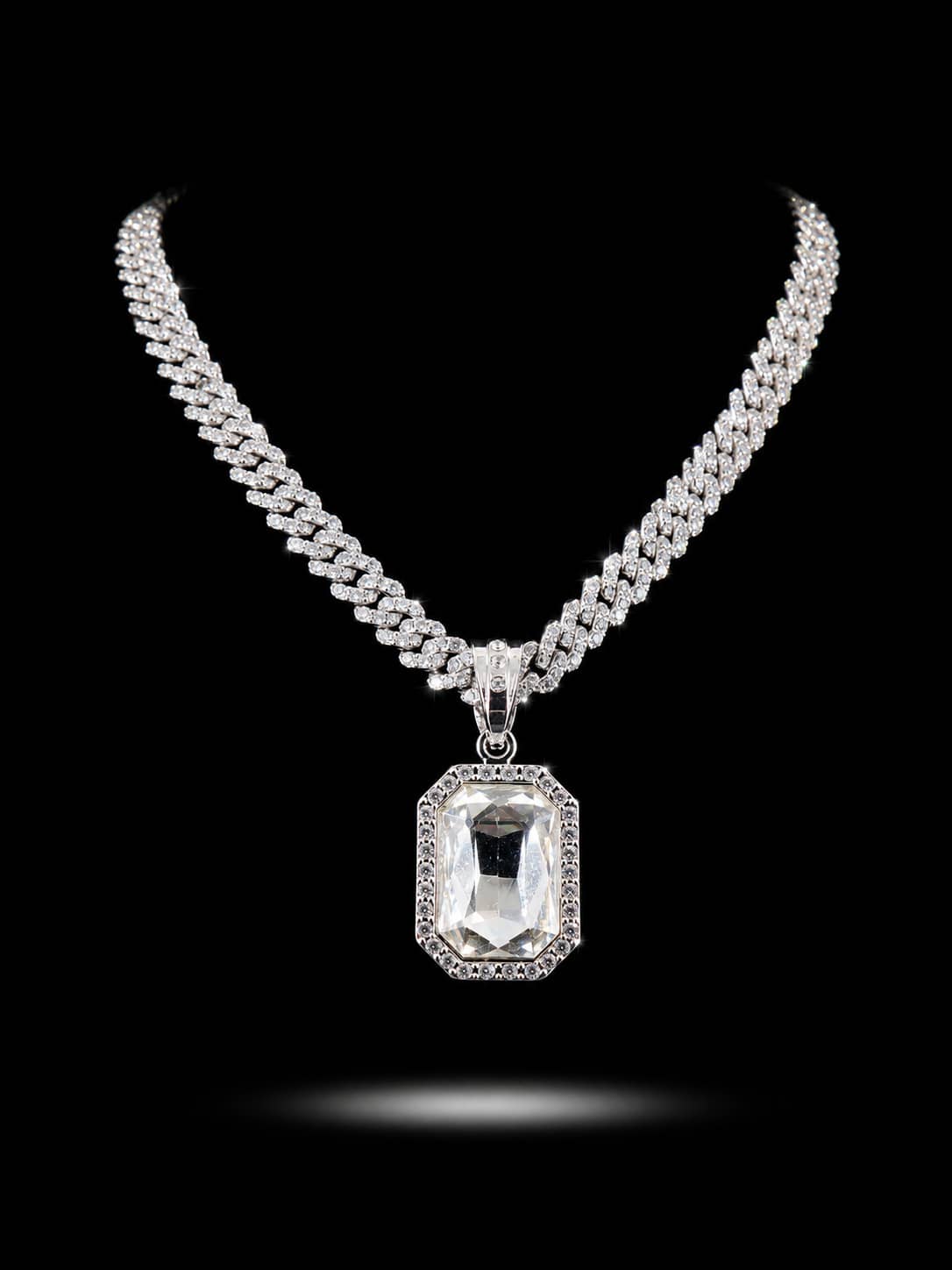 Rectangular Large Gemstone Pendant Full Diamond Cuban Necklace, Octagonal Main Stone Rhinestone Pendant, Hip Hop Ice Diamond Accessory, Unisex Rap Street Party Jewelry - Gemstone Pendant Necklace - View 1