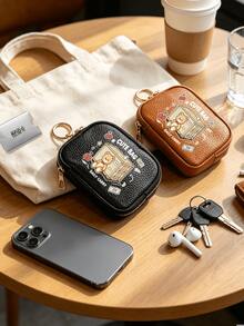 Cute Bear Print Mini Zipper Coin Purse, Portable Keychain Small Wallet, PU Leather Card Holder Pouch For Earphone Change,Mini Pouch For Coins Cards Earbuds - Multicolor - View 6