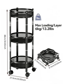 1pc 3-Tier Foldable Mobile Storage Rack - Large Capacity Storage Cart, Rotatable Folding Storage Design, Hollow Mesh Basket, Space-Saving, Stable Structure, Floor-Standing Storage Rack, Suitable For Kitchen, Living Room And Bathroom - Multiple Specifications - View 3